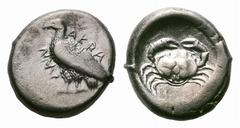 Sicily, Akragas AR Didrachm. Sicily, Akragas AR Didrachm. Circa 480-470 BC. Sea eagle standing left, AKPACΑΝ around / Crab within incuse circle. SNG ANS 937. 8.62g, 20mm, 11h. Very Fine. From the N. R