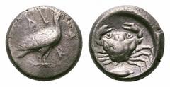 Sicily, Akragas AR Didrachm. Sicily, Akragas AR Didrachm. Circa 480-470 BC. Eagle standing right / Crab; barley grain below; all within incuse circle. SNG ANS 956-7. 8.14g, 18mm, 9h. Very Fine. From t