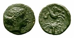 Sicily, Syracuse Æ Tetras. Sicily, Syracuse Æ Tetras. Second Democracy. Circa 425 BC. Female head right; XXX before / Hippocamp right, octopus below. CNS 30; SNG ANS 1382. 1.92g, 13mm, 10h. Very Fine.
