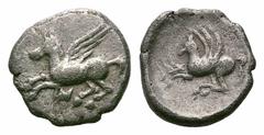 Akarnania, Leukas AR Diobol. Akarnania, Leukas AR Diobol. 400-375 BC. Pegasos flying left / Pegasos flying left. BCD Akarnania 190.1; SNG Copenhagen 333. 1.00g, 11mm, 4h. About Very Fine. From the Mis