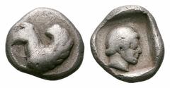 Akarnania, Leukas AR Hemidrachm. Akarnania, Leukas AR Hemidrachm. 460-450 BC. Forepart of Pegasos left / Head of Youth right; within incuse square. SNG Copenhagen 330. 1.29g, 11mm, 4h. Good Fine. Rare