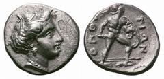Lokris, Lokris Opuntii AR Hemidrachm. Lokris, Lokris Opuntii AR Hemidrachm. 360-350 BC. Head of Demeter right, wearing wreath of grain ears / Ajax, nude but for crested Corinthian helmet, advancing ri