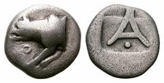 Argolis, Argos. AR Triobol. Argolis, Argos. AR Triobol. 450-430/20 BC. Forepart of wolf left; [Σ]O below head / Large A, pellet below; two shallow incuses above; all within shallow incuse square. BCD 