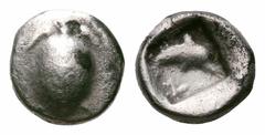 Islands off Attica, Aegina AR Obol. Islands off Attica, Aegina AR Obol. Circa 480 BC. Turtle with smooth shell, ridge down middle / Dolphin swimming right within incuse square, floral ornament to righ