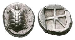 Islands off Attica, Aegina AR Stater. Islands off Attica, Aegina AR Stater. Circa 456-431 BC. Tortoise / Incuse square divided into five compartments (‘large skew’). ACGC 127. Dewing 1683. Milbank Pl.