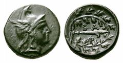 Kingdom of Macedon. Philip V Æ16. Kingdom of Macedon. Philip V Æ16. Uncertain Macedonian Mint, 221-179 BC. Head of Perseus right, wearing winged Phrygian helmet / Harpa, BA above, Φ below, oak-wreath 