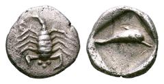 Thraco-Macedonian Region. AR Diobol. Thraco-Macedonian Region AR Diobol. Uncertain mint, circa 5th century BC. Scorpion / Dolphin right in incuse square. Tzamalis 6; Rosen 400 (Asia Minor); SNG von Au
