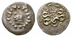 Mysia, Pergamon AR Cistophoric Tetradrachm. Mysia, Pergamon AR Cistophoric Tetradrachm. 104-98 BC. Cista mystica with serpent; all within ivy wreath / Bow-case with serpents; NI above, thyrsos right. 