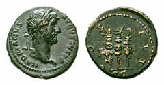 Hadrian Æ Semis or Quadrans. Hadrian Æ Semis or Quadrans. Rome, AD 125-128. HADRIANVS AVGVSTVS PP. Laureate, draped and cuirassed bust right / COS III - SC Aquila between two standards. RIC 428, 689. 