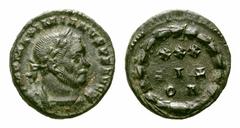Maximianus Æ1/4 Follis. Maximianus Æ1/4 Follis. Trier, 307 AD. IMP MAXIMIANVS P F AVG, laureate and cuirassed bust right / VO TIS XXX in three lines within wreath. RIC 754. 2.72g, 16mm, 5h. Extremely 