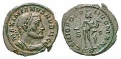 Galerius Æ Follis. Galerius Æ Follis. Trier, AD 302-303. MAXIMIANVS NOBIL C, laureate and cuirassed bust right / GENIO POPVLI ROMANI, Genius standing left, modius on head, naked except for chlamys ove