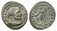 Galerius Æ Follis. Galerius Æ Follis. Trier, AD 302-303. MAXIMIANVS NOBIL C, laureate, draped and cuirassed bust right / GENIO POPVLI ROMANI, Genius standing left, tower on head, naked except for chla