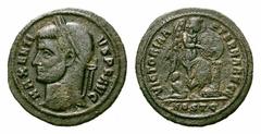 Maxentius Æ Half Follis. Maxentius Æ Half Follis. Ostia, AD 309-312. MAXENTIVS P F AVG, laureate head left / VICTORIA AETERNA AVG N, Victory standing right inscribing VOT X on shield set on cippus, MO