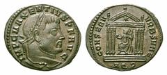 Maxentius Æ Follis. Maxentius Æ Follis. Aquileia, circa AD 307-310. IMP C MAXENTIVS P F AVG, laureate bust right / CONSERV VRB SVAE, Roma seated facing, head left, in hexastyle temple, holding globe a