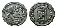 Constantine I Æ Follis. Constantine I Æ Follis. Trier, AD 321. CONSTANTINVS AVG, laureate, mantled bust right holding eagle tipped sceptre / BEATA TRANQVILLITAS, altar inscribed VOT/IS/XX, surmounted 