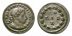 Constantine I Æ1/4 Follis. Constantine I Æ1/4 Follis. Trier, AD 307. FL VAL CONSTANTINVS NC, laureate, cuirassed bust right / VO TIS X in three lines within wreath, no mintmark. RIC 750 var. (bust typ