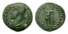 Procopius Æ Nummus. Procopius Æ Nummus. Constantinopolis, AD 365-366. Pearl-diademed, draped, and cuirassed bust left / Procopius standing facing, head right, holding labarum and shield set on ground;