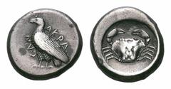 Sicily, Akragas AR Didrachm. Sicily, Akragas AR Didrachm. Circa 480-470 BC. Sea eagle standing left, AKPA-CΑΝ around / Crab within incuse circle. SNG ANS 937. 8.83g, 18mm, 5h. Toned, Very Fine. From a