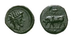 Sicily, Gela Æ Tetras. Sicily, Gela Æ Tetras. Circa 420-405 BC. Bull standing left; three pellets in exergue / Head of river-god Gelas right; grain-ear behind. CNS III, p. 8, 7; SNG ANS 106. 1.24g, 11