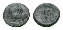 Sicily, Himera Æ Tetras. Sicily, Himera Æ Tetras. 420 BC. Nude youth riding goat left, blowing conch shell, below three pellets and grain of wheat / IMEPAION, Nike to left holding aphlaston. CNS I, n.
