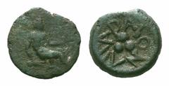Islands off Sicily, Lipara Æ Tetras. Islands off Sicily, Lipara Æ Tetras. 412-408 BC. Young Hephaistos, nude, seated right on stool, holding hammer in right hand, kantharos in left / Three pellets (ma