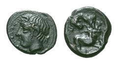 Sicily, Piakos Æ Tetras. Sicily, Piakos Æ Tetras. Circa 425-420 BC. Head of river-god right, Π-I-A-K and three pellets before / Hound attacking fawn right, barley grain before. CNS III 2. 2.36g, 15mm,