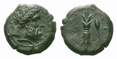 Sicily, Syracuse Æ Hemidrachm. Sicily, Syracuse Æ Hemidrachm. Time of Timoleon, circa 344-338 BC. Laureate head of Zeus Eleutherios right, ZEΥΣ ΕΛΕΘΥΕPΙΟΣ around / Upright thunderbolt; barley grain in