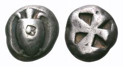 Islands off Attica, Aegina AR Stater. Islands off Attica, Aegina AR Stater. 510-490 BC. Sea turtle with countermark of a female head(?) on shell / 'Proto-skew' incuse pattern. Asyut Group VIb; HGC 6, 