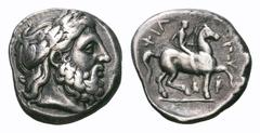 Kingdom of Macedon. Philip II AR Tetradrachm. Kingdom of Macedon. Philip II AR Tetradrachm. Amphipolis, 340-328 BC. Laureate head of Zeus left / Youth, holding branch, on horseback right; janiform hea