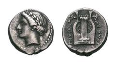 Ionia, Kolophon AR Diobol. Ionia, Kolophon AR Diobol. Circa 350-330 BC. Laureate head of Apollo left / Lyre. Kinns 107 var. (bronze); Milne, Colophon 134 (same); cf. Roma IV, lot 1642. 0.95g, 10mm, 12