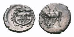 Mysia, Parion AR Hemidrachm. Mysia, Parion AR Hemidrachm. Circa 4th century BC. Facing gorgoneion / Cow standing left, head reverted; bukranion below. SNG France 1380; SNG von Aulock 7423. 2.24g, 16mm