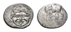 Mysia, Parion AR Hemidrachm. Mysia, Parion AR Hemidrachm. 4th century BC. Gorgoneion / Bull standing left, head right; wreath below. SNG France -; BMC 38-9. 2.36g, 15mm, 8h. Near Extremely Fine.