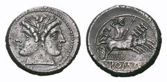 Anonymous AR Didrachm. Anonymous AR Didrachm. Rome, circa 225-212. Janiform head of the Dioscuri / Jupiter, hurling thunderbolt and holding sceptre, in galloping quadriga driven by Victory; ROMA on ta