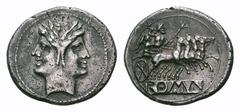 Anonymous AR Didrachm. Anonymous AR Didrachm. Uncertain mint, 225-214 BC. Janiform head of the Dioscuri / Jupiter, hurling thunderbolt and holding sceptre, in galloping quadriga driven by Victory; ROM