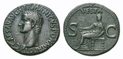 Caligula Æ As. Caligula Æ As. Rome, AD 37-38. C CAESAR AVG GERMANICVS PON M TR POT, bare head of Caligula left / VESTA, Vesta, veiled and draped, seated left on ornamental throne, holding patera and l