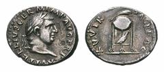Vitellius AR Denarius. Vitellius AR Denarius. Rome, AD 69. A VITELLIVS GERMANICVS IMP, bare head right / XV VIR SACR FAC, tripod-lebes surmounted by dolphin right; below, raven standing right. RIC I 7