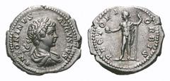 Caracalla AR Denarius. Caracalla AR Denarius. Rome, AD 200-201. Laureate, draped and cuirassed bust right / Caracalla as Sol, standing facing, head left, holding globe and reversed spear. RIC 39a. 3.3