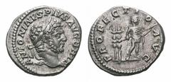 Caracalla AR Denarius. Caracalla AR Denarius. Rome, AD 213. ANTONINVS PIVS AVG BRIT, laureate head right / PROFECTIO AVG, Caracalla standing right with spear, two standards behind. RIC 225. 3.06g, 17m