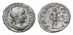 Gordian III AR Denarius. Gordian III AR Denarius. Rome, AD 240. Laureate, draped, and cuirassed bust right / Gordian standing right, holding spear and globe. RIC IV 115; RSC 243. 2.45g, 19mm, 7h. Very