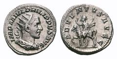 Philip I AR Antoninianus. Philip I AR Antoninianus. AD 247-249. IMP M IVL PHILIPPVS AVG, radiate, draped, cuirassed bust of Philip I right / ADVENTVS AVGG, emperor on horseback left, holding spear. RI