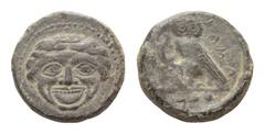 Sicily, Kamarina Æ Tetras. Circa 420-405 BC. Facing gorgoneion / Owl standing facing with lizard, KAMA in right field, three pellets in exergue. Westermark/Jenkins, Kamarina 195. 3.53g, 15mm, 4h. Extr