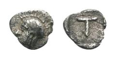 Arkadia, Tegea AR Tetartemorion. Circa 423-400 BC. Helmeted head of Athena Alea left / T within shallow incuse square. BCD Peloponnesos 1721; HGC 5, 1054. 0.23g, 7mm, 7h. Very Fine.