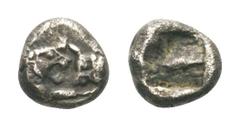 Kings of Lydia, Kroisos AR 1/12 Stater. Sardes, 550-546 BC. Confronted foreparts of a lion, on the left, and a bull, on the right / Incuse square. Berk 27. 0.75g, 9mm. Toned, Very Fine.