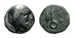 Lydia, Satraps. Autophradates Æ11. Uncertain mint (Sardes?), circa 380-355 BC. Head of satrap wearing Persian headdress right / Fish hook-like symbol and ear of corn. Winzer 11.8. 1.15g, 11mm, 11h. Da