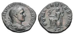 Gordian II Æ Sestertius. Rome, April 238. IMP CAES M ANT GORDIANVS AFR AVG Laureate, draped and cuirassed bust of Gordian II to right / ROMAE AETERNAE - S C (in exergue.) Roma seated left on shield, h