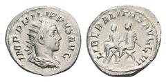 Philip II AR Antoninianus. Rome, AD 247-249. IMP PHILIPPVS AVG, radiate draped bust right / LIBERALITAS AVGG III, Philip I and Philip II seated left on curule chairs distributing cash. RIC 230. 4.42g,