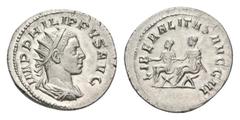 Philip II AR Antoninianus. Rome, AD 249. Radiate, draped, and cuirassed bust right / Philip I, holding sceptre, and Philip II seated left on curule chairs. RIC IV 230; RSC 17. 4.21g, 22mm, 2h. Perfect