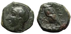 Sicily, Kamarina Æ Tetras. Circa 420-405 BC. Helmeted head of Athena left / Owl standing left, grasping lizard; ••• (mark of value) in exergue. Westermark & Jenkins 200; CNS 33; SNG ANS 1229; HGC 2, 5