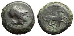 Sicily, Aitna Æ Tetras. 354/3-344 BC. Helmeted head of Athena right / Horse with trailing rein prancing right; [M above]. Castrizio series I, 1; CNS 1; SNG ANS 1301. 16.23g, 28mm, 4h. Good Fine. Scarc