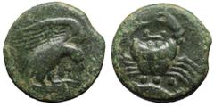 Sicily, Akragas Æ Tetras. Circa 420-406 BC. Eagle standing right, head lowered, on hare held in its talons / Crab; below, three pellets (mark of value) and crayfish left. CNS 52-54; SNG ANS 1034-46. 5